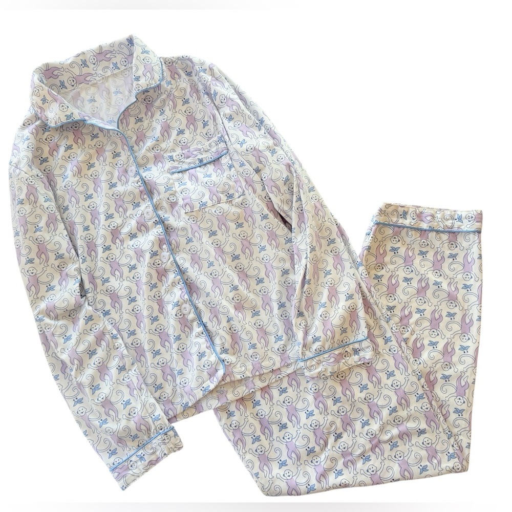 Monkey Print Matching Pajama Set Small Pink Blue Resort Lounge PJs Size  S